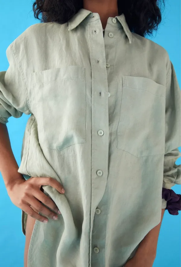 Oversized Green Linen Pocket Shirt - Image 2