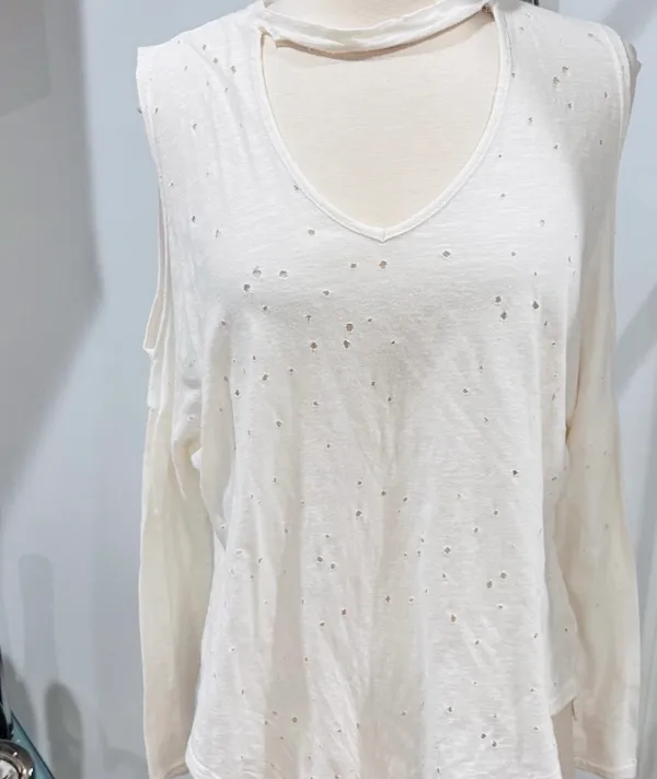 Poof! Distressed Ecru/ Off White Choker Cold-Shoulder Tie-Front Top - Image 5