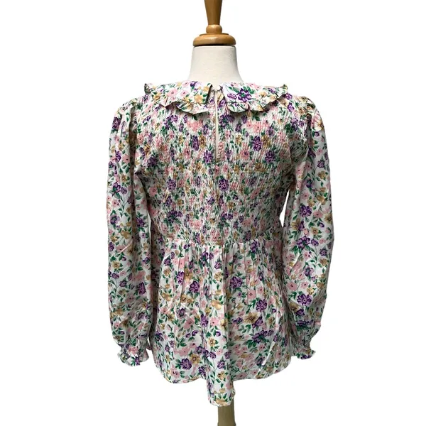 Pieces Maternity Smock‎ Top L Multicolor Floral Smocked Ruffle Collar Romantic - Image 6