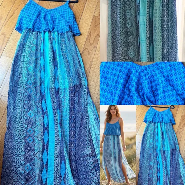 Speechless BOHO Blue Sleeveless Aztec Design Summer Dress Back Straps size xS - Image 9