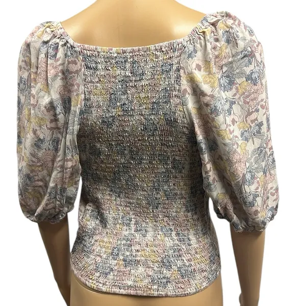 Bohme Floral Faux Button Front Smocked Back Balloon Half Sleeve Top Small - Image 4