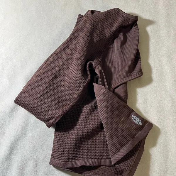 FP Movement Free People Thermal Henley Top • Brown Waffle Knit Long Sleeve - Image 2