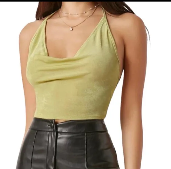 Shein Backless Halter Tie Back Crop Top Draped Neck Yellow Green M Sexy - Image 3
