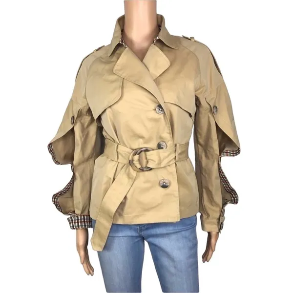 N12H Trench Jacket Sz XS Tan Button Up Sleeve Boho City Chick Rare Preppy NWOT - Image 5