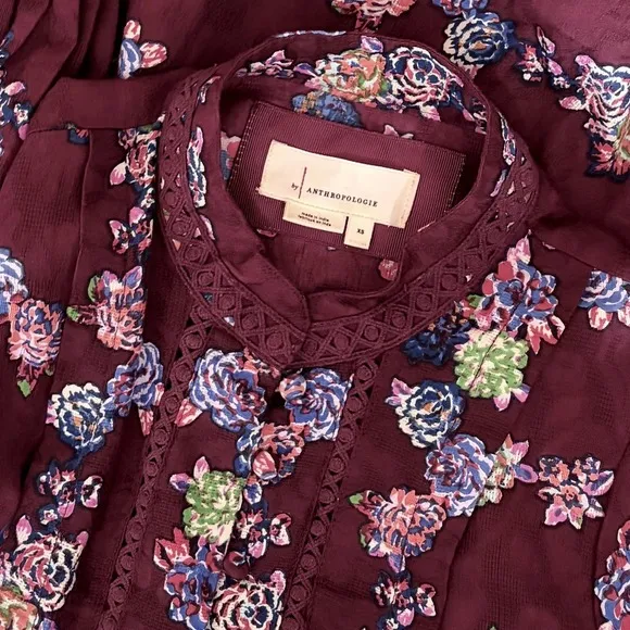 BY ANTHROPOLOGIE Mini Tunic Long Sleeve Dress Floral‎ Lace Trims Purple X-Small - Image 11