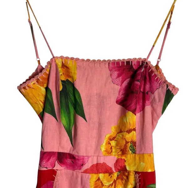 Farm Rio Chita Pink Floral Print Square Neck Tie Back Linen Midi Dress Size XS - Image 6