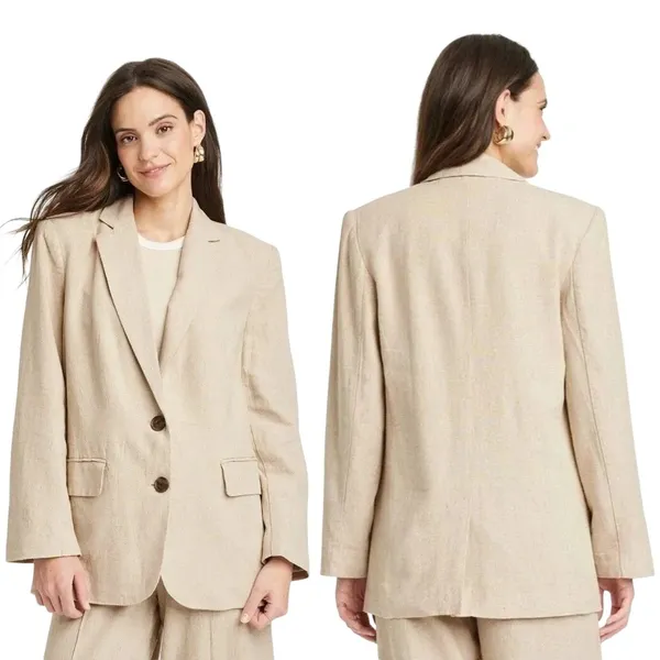 A New Day Womens Linen Blend Blazer Beige Tan Two Button‎ Jacket Size M - Image 8