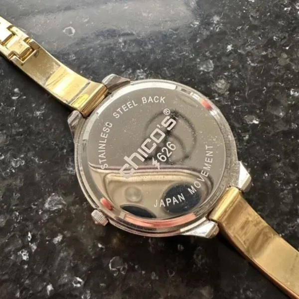 Chico’s Large Face Mother of Pearl Pave Rhinestone Goldtone Delicate‎ Band Watch - Image 4
