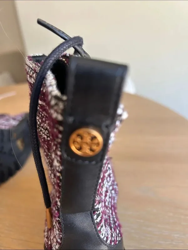 Tory Burch Miller Combat Tweed & Leather Lace Up Booties Burgundy/White 7.5 NWOT - Image 9