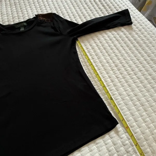 LAUREN Ralph Lauren 3/4 Sleeve Ribbed T Shirt Medium M Black Brown Patches - Image 2