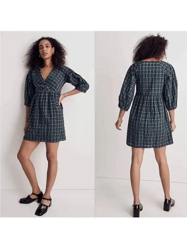 Madewell‎ Marianna Puff-Sleeve Mini Dress in Plaid Size Medium - Image 2