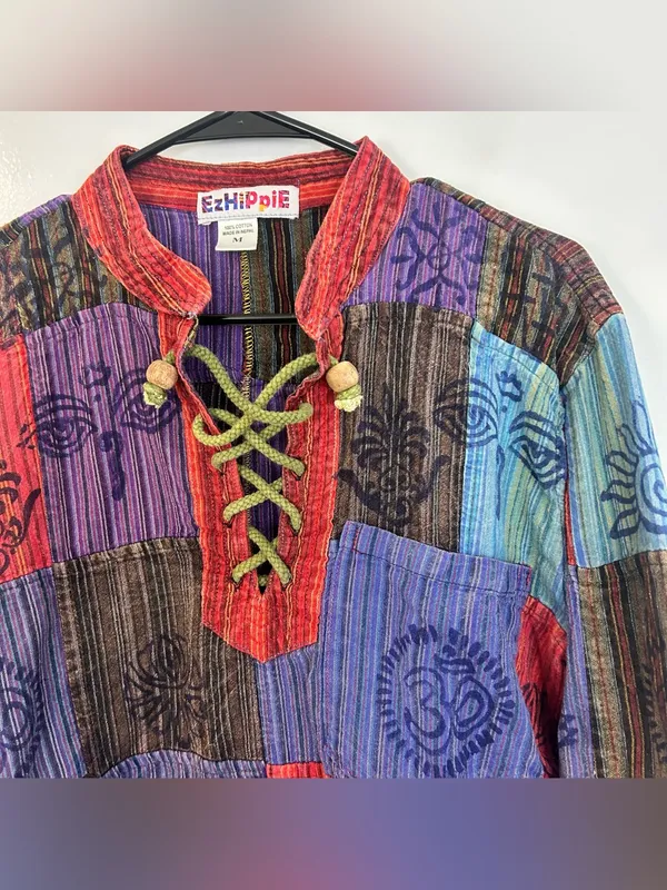 EzHippie Vibrant Stonewashed Patchwork Om/Ganesha Pullover HIppie Top Medium Red - Image 5