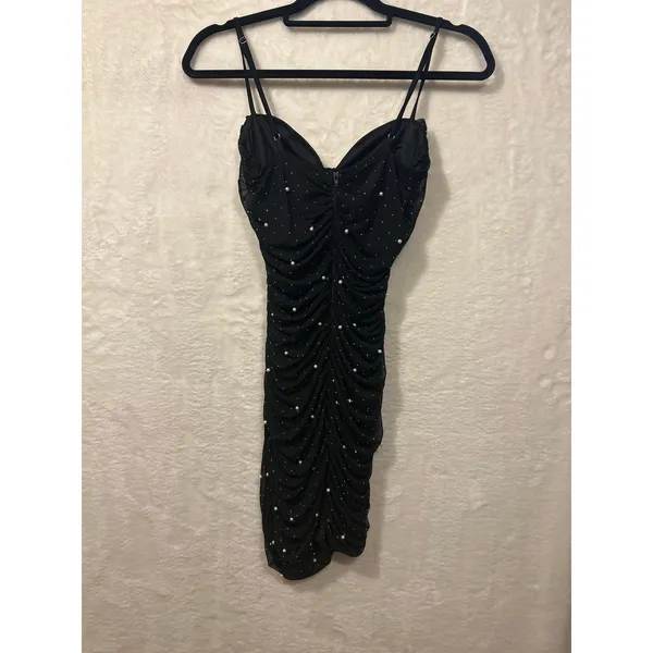 NWT Black Rhinestone Ruched Bodycon Mini‎ Dress Women's Medium - Image 4