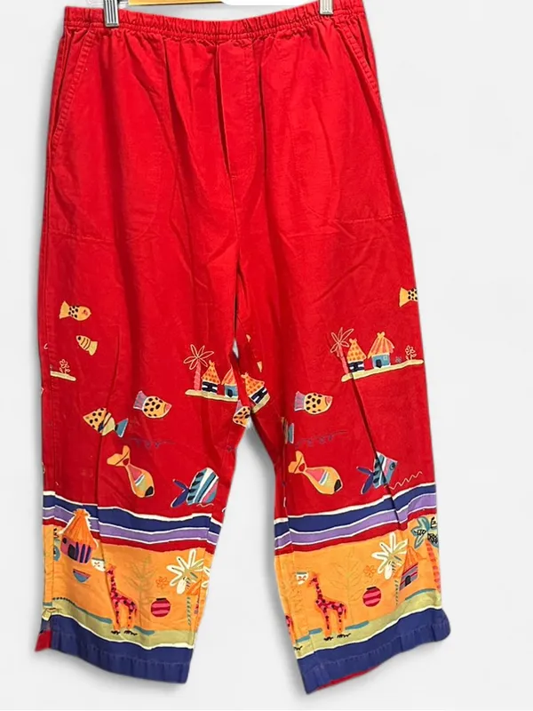 Vintage Y2K White Stag Red Wide Leg Capri Pants Cotton L Boho Resort - Image 4