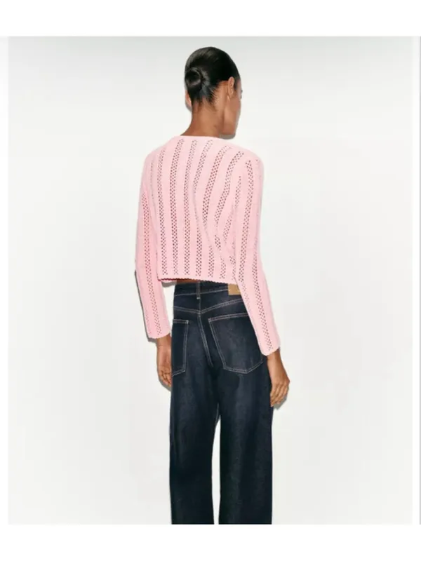 Zara Pointelle Pink Open Knit Cardigan M - Image 4