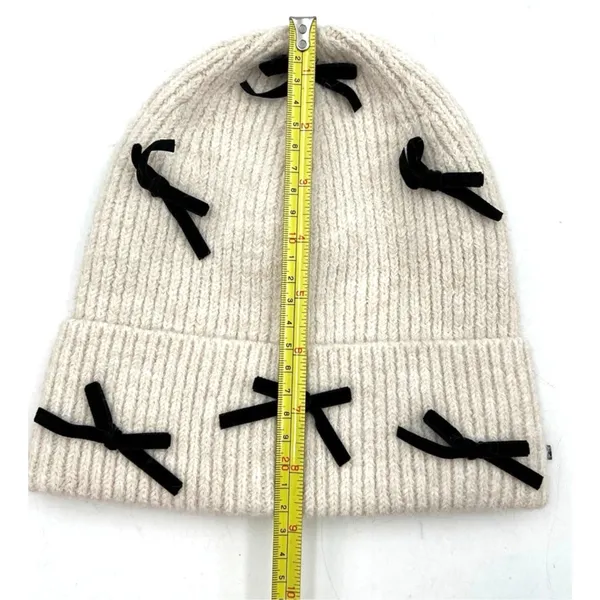 Anthropologie Rib Knit Ivory Beanie Hat New Bow Embellishments - Image 6