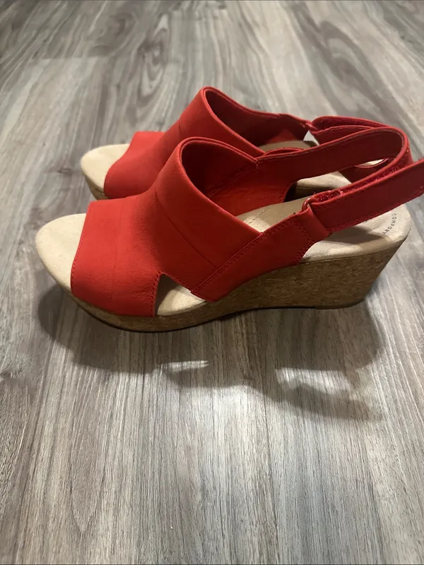 Clarks Red  Wedge Sandals with Cork Platform - Image 4