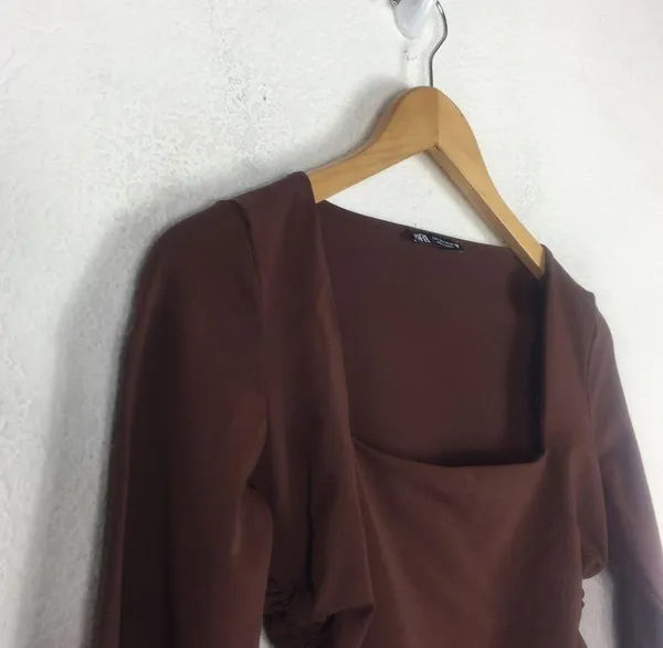 ZARA Brown Square Neck Ruched Stretch Jersey Top With Side Gathering Large - Image 8