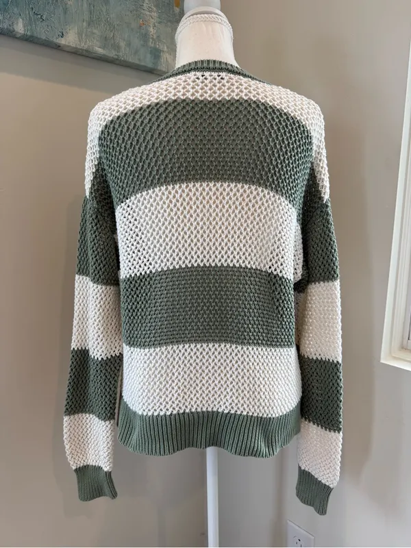 Z Supply Olive and Cream Striped Open-Knit Crew Sweater - Image 3