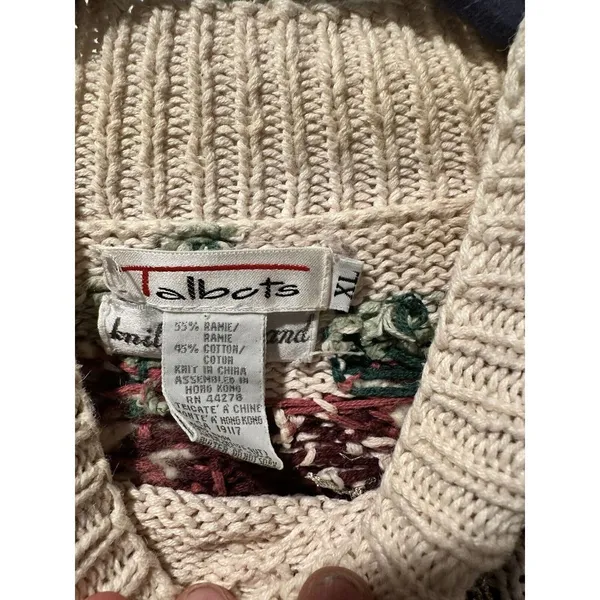 Vntg Talbots Christmas Holly Poinsettia Sweater Womens XL Bow Ivory Knit By Hand - Image 5