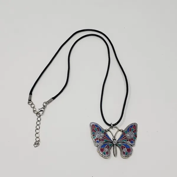Butterfly Pendant w/ Pink, Blue, Teal Green & Silvery White Resin Necklace - Image 3
