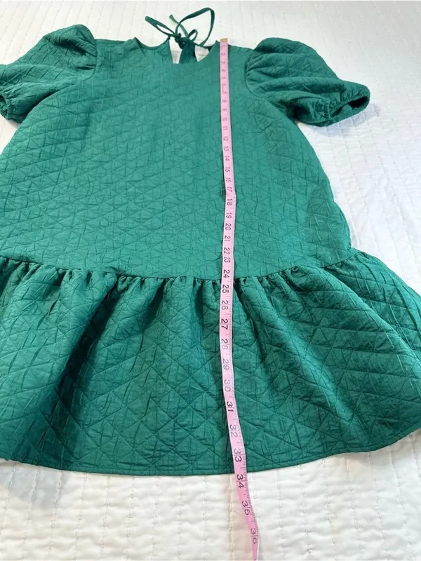 Anthropologie Maeve Green Drop Waist Jacquard Quilted Puff Sleeve Mini Dress Oversize Size M - Image 3