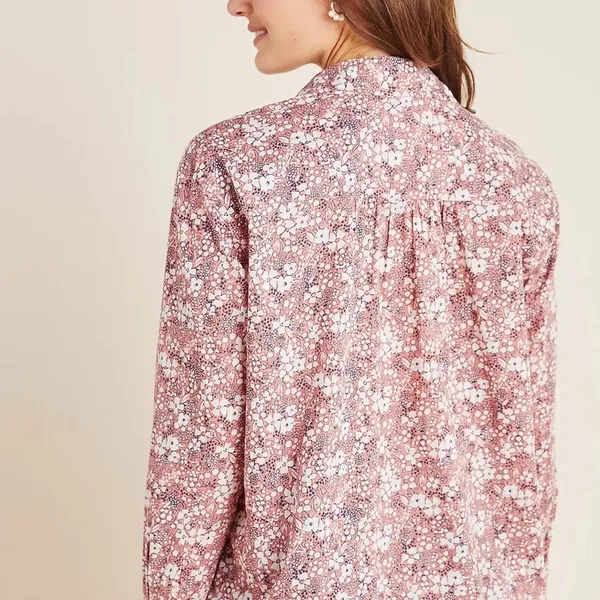 Pilcro Anthropologie Sasha Smocked Boyfriend Blouse Women's‎ XS Pink Boho Hippie - Image 3