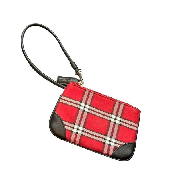 Liz Claiborne Red Plaid Wristlet With Leather Accents & Zipper Closure - Image 6