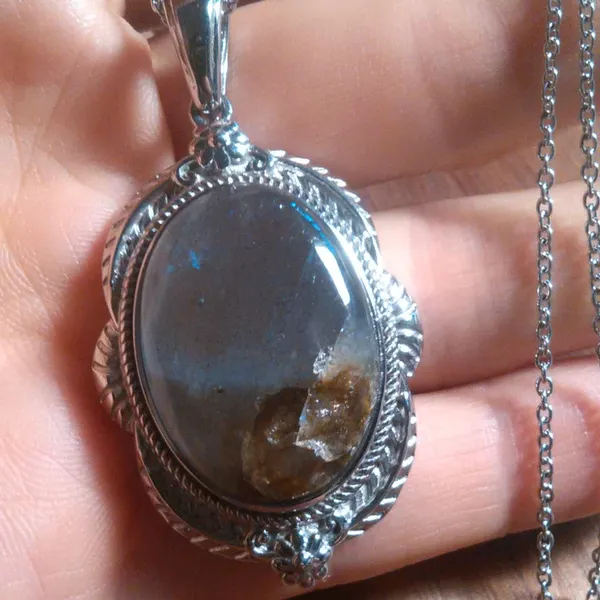Madagascar Fire Labradorite Feather Stainless Steel Pendant Necklace - Image 7