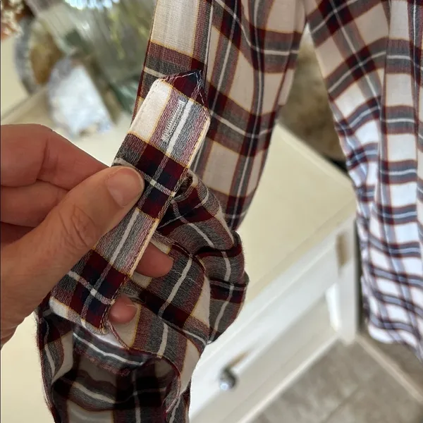 Ann Taylor loft white navy maroon plaid long sleeve boxy sheer blouse top M​​ - Image 4