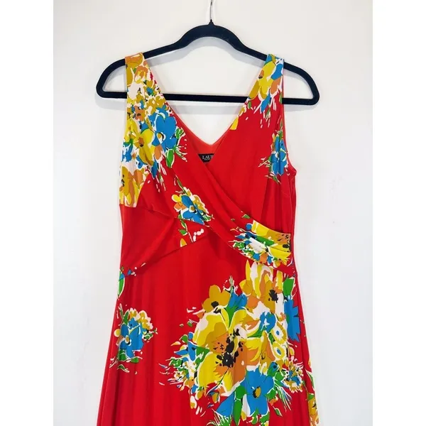NWT LRL Ralph Lauren Womens Dress Red Floral Jersey Maxi V Neck Sundress Size 10 - Image 6