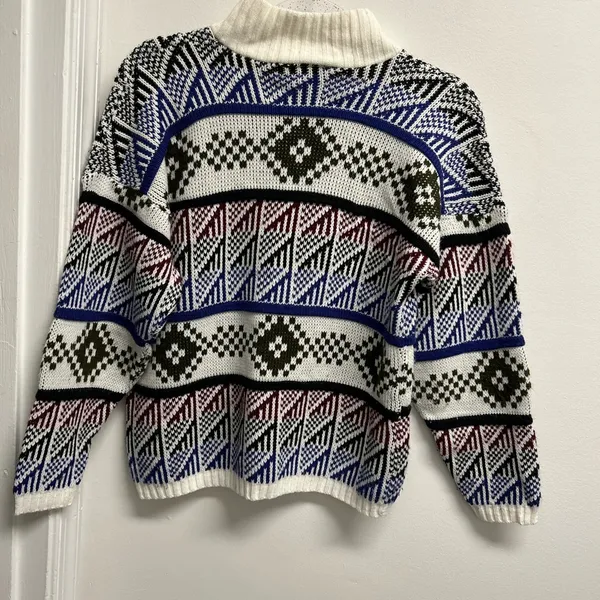 Vintage 80’s croquet club Patterned Mock Neck Sweater - Multicolor - Image 3