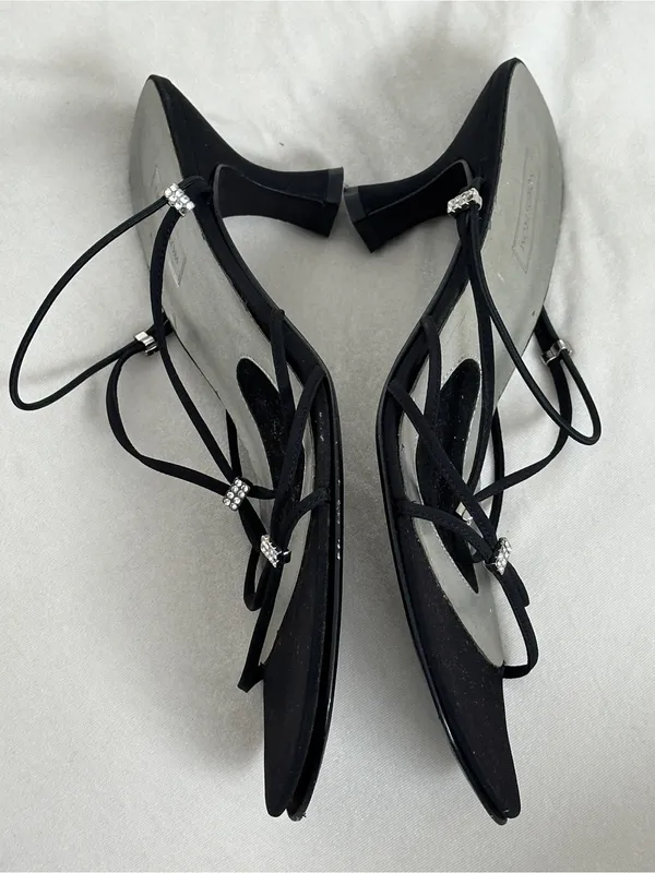 Vintage Nordstrom Black Strappy Rhinestone Low Kitten Heel Sandals Narrow 9.5 - Image 3