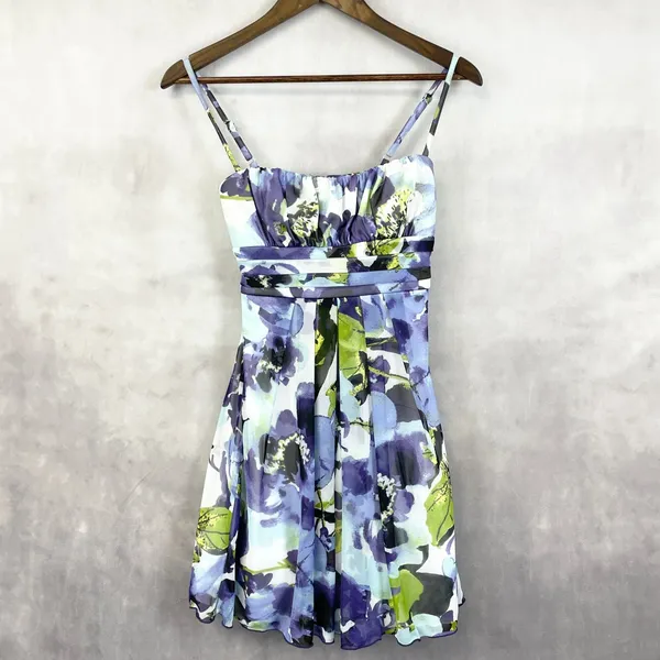 Y2K Floral Mini Dress Womens XS Empire Waist Watercolor HoCo Party Fairy Whimsy‎ - Image 3