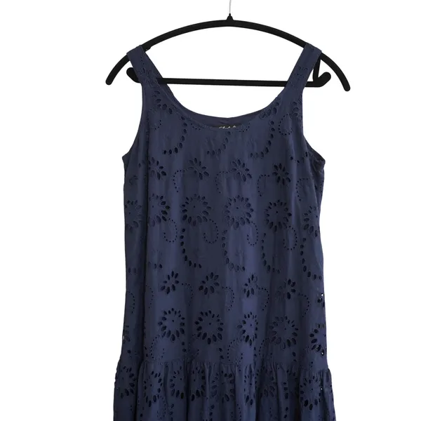 Charlie B XS Navy Blue Cotton Eyelet Tiered‎ Midi Dress Sleeveless 100% Cotton - Image 4