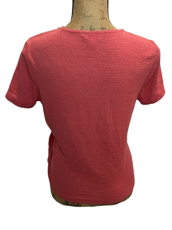Women's Coral Textured Wrap Tie Front V-Neck Short Sleeve Blouse - Image 2