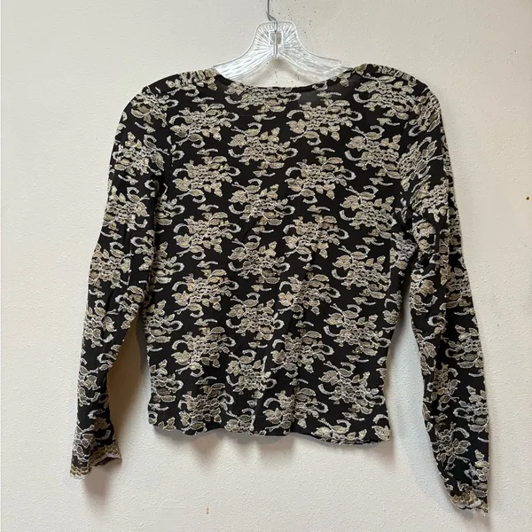Moda Vintage Black Gold Lace Top Y2K Going Out Sheer Long Sleeve Large - Image 2