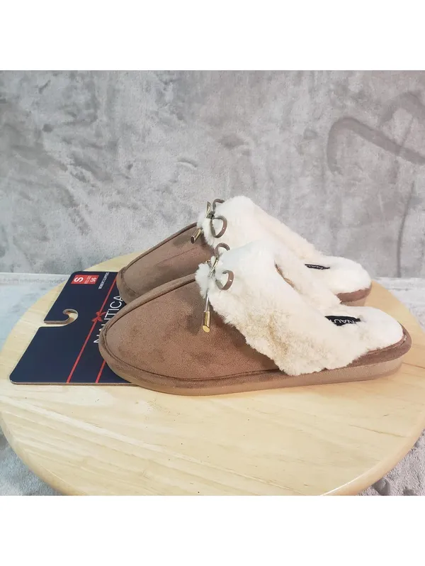 Nautica Women's Slip-On Slippers Brown Faux Fur Lined Bow Accent Size 5/6 - Image 2
