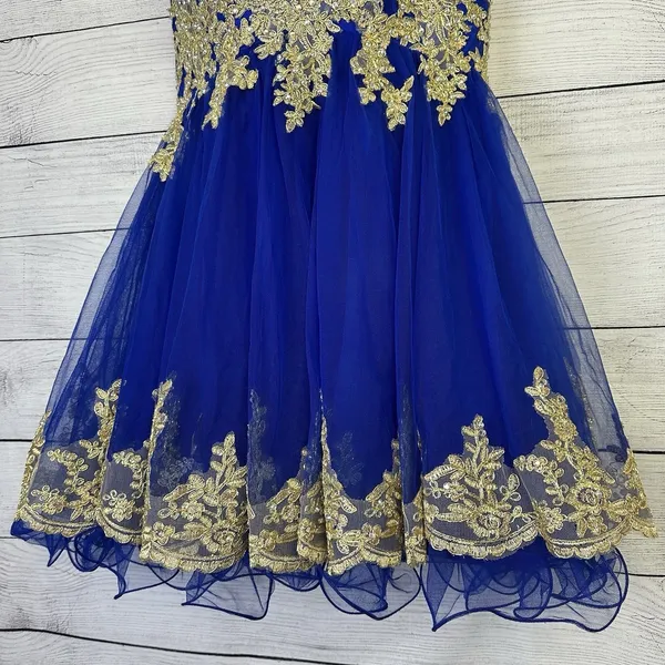 Tulle Prom Homecoming‎ Dress Blue & Gold High Neck Tank Above Knee Length Size 4 - Image 2