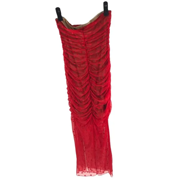 Majorelle Dress Strapless Ruched Sheer Overlay Polka Dot Red M - Image 2
