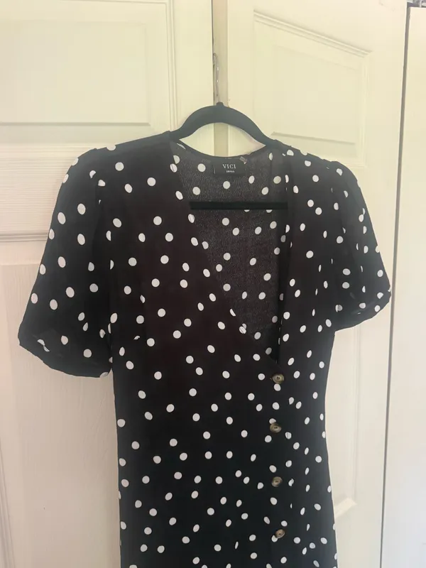 VICI Black & White Polka Dot Faux Wrap Dress Midi Dress Size Small - Image 3