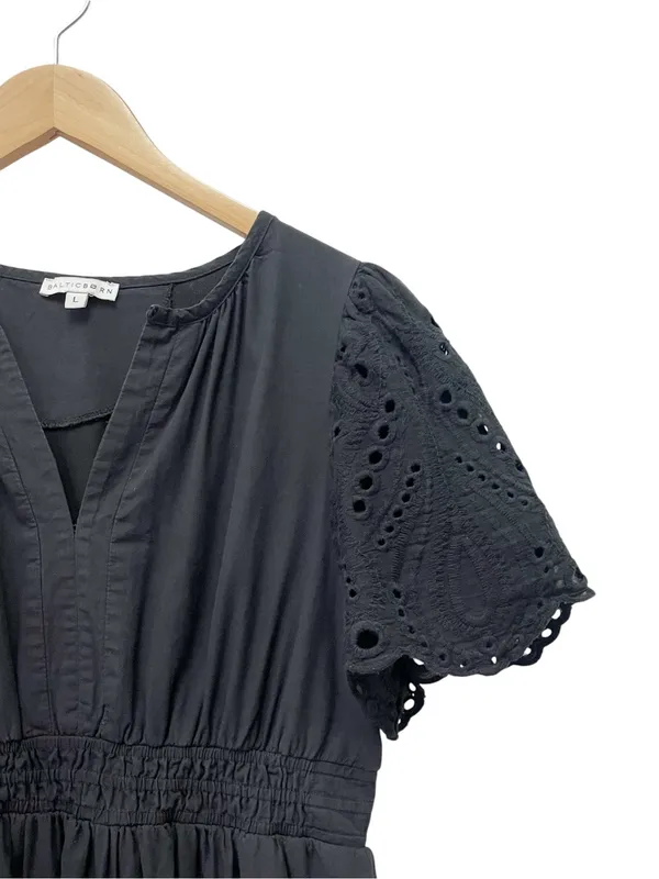 Baltic Born Annette Eyelet Tiered Midi Maxi Dress Black Sz L Puff Sleeve Cottage - Image 5