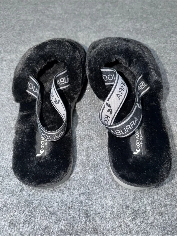 Koolaburra By Ugg Black Faux Fur Slide Sandals with Branded Elastic Strap - Image 6