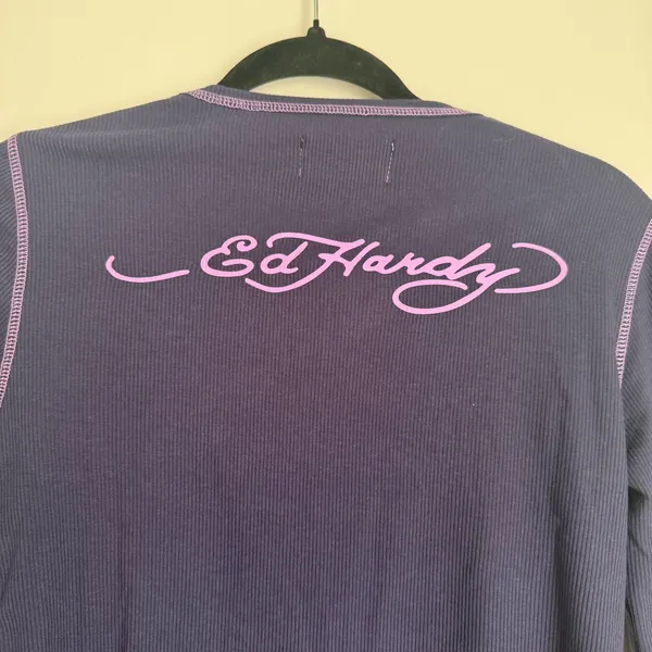 Ed Hardy women’s Purple Graphic Long Sleeve Shirt large - Image 8
