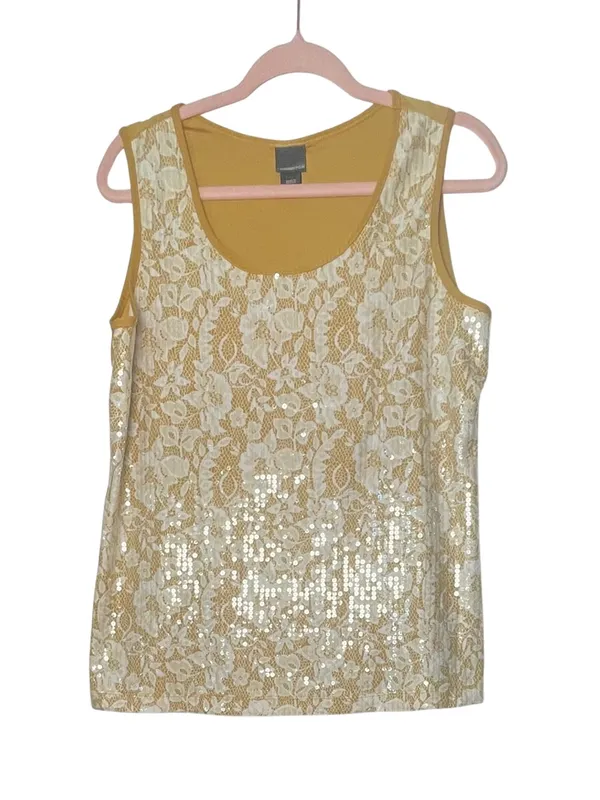 Covington Sequin Lace Tank Top ~‎ Shimmer Sleeveless Blouse Gold ~ Size Large - Image 4