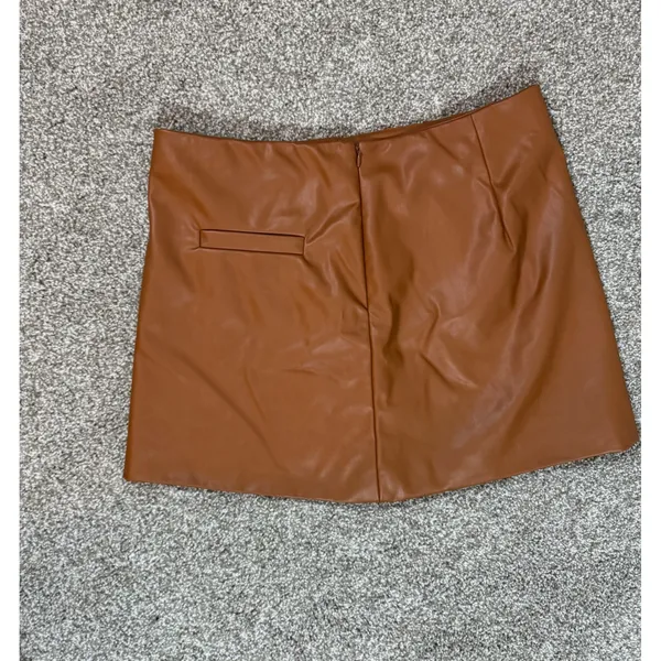 A New Day Cognac Faux Leather Mini Skirt Brown Size 12 Welt Pockets Mini Skirt - Image 4