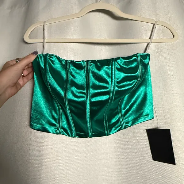 Lulus Green Satin Corset Strapless Crop Top Size Medium - Image 4