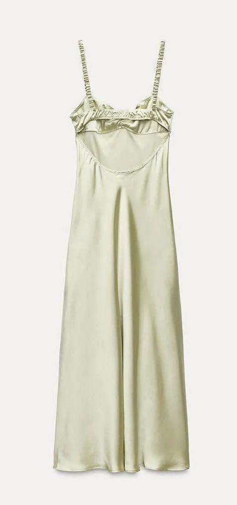 Dress Lime Green Satin Effect Maxi Midi Wedding Party Date Coctail - Image 10