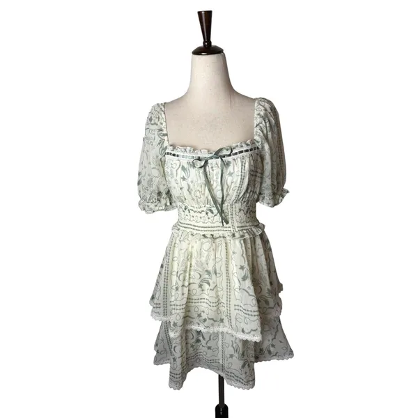 Francescas Mini Dress Women Small Green Toile Western Print Smocked Tiered Boho - Image 2