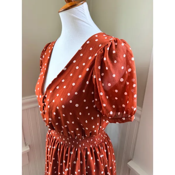 Madewell Smocked-Waist Mini Dress Polka Dots Burnt‎ Clay Puff Sleeve XS - Image 9
